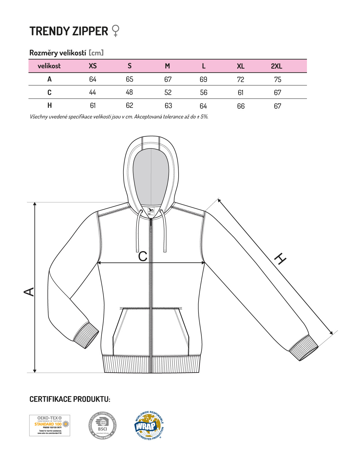 tabulka velikosti - trendy zipper damska